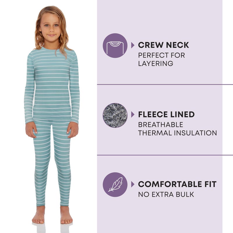 Rocky Thermal Underwear Kids Girls Thermal Underwear Set Toddler Long Johns kid Thermals Kid Base Layer kids thermals top bottom set, Seafoam Striped, X-Small, Standard-185 GSM, THERMALS SET - Image 2
